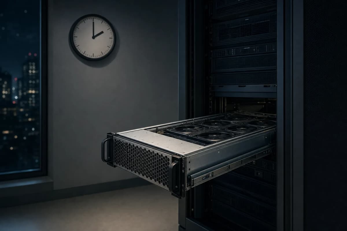 A single GPU server blade pulled halfway out of a dark data-centre rack at night, its status lights off, with a wall clock above the rack showing 2 a.m.
