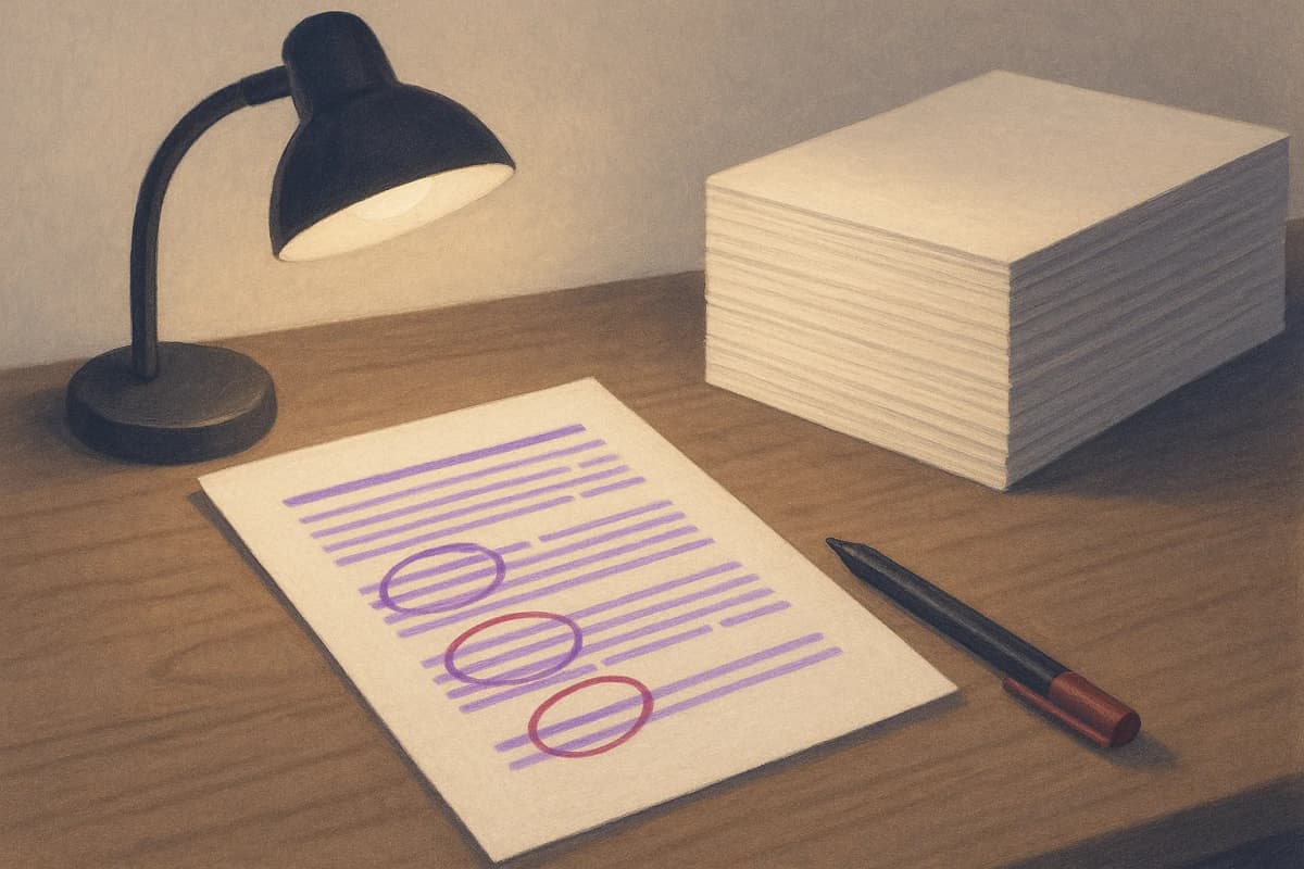 A printed technical report on a wooden desk with a few red pen circles on its first page, while thick stacks of unmarked pages beside it sit untouched under a desk lamp.