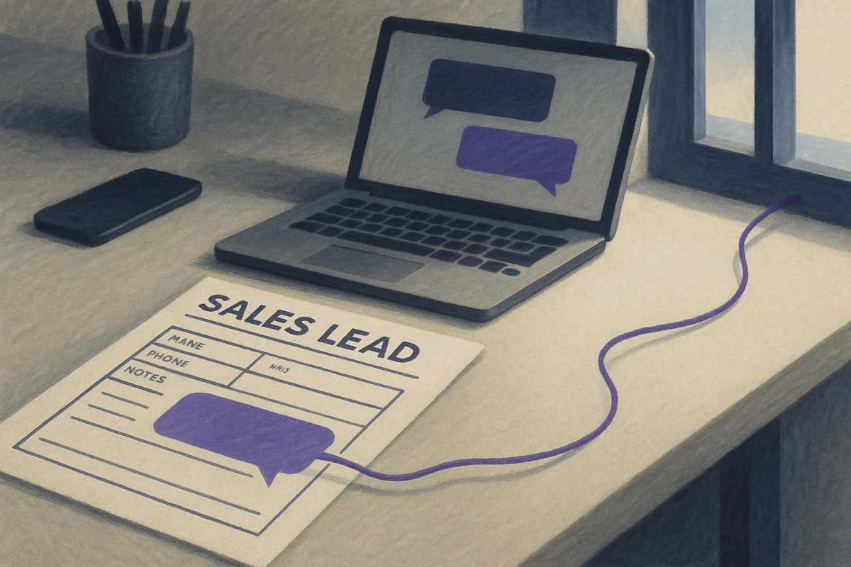 A paper sales-lead form lying on a CRM analyst's desk beside a laptop showing a chat window, with a thin thread running from the form's comment box off the edge of the desk toward an open window.