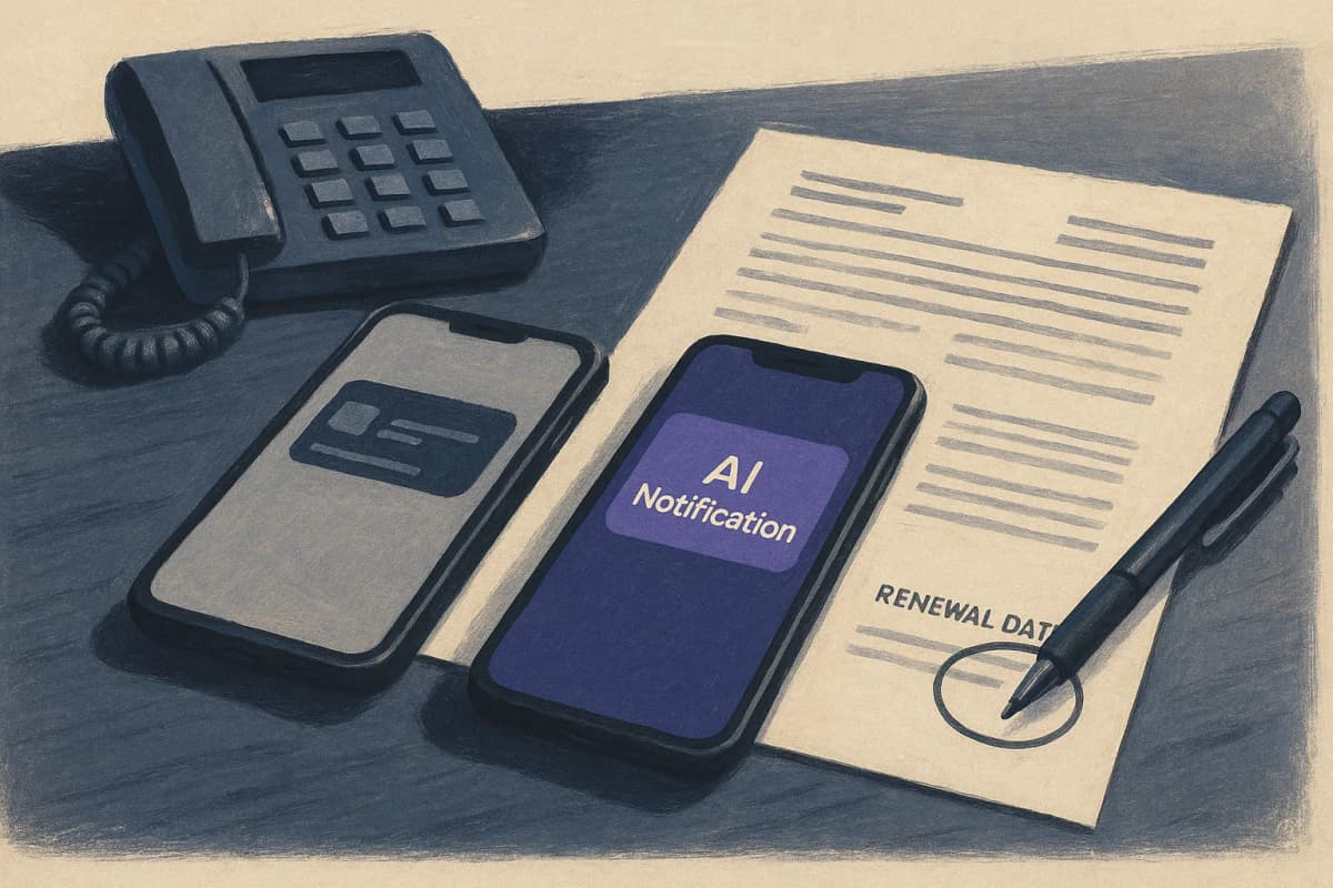 A marketing operations desk with two phones lying side by side, each showing a push notification, next to a printed vendor contract with a renewal date circled in pen.