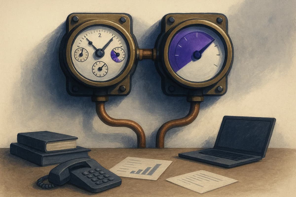 A pair of heavy brass-and-glass utility meters bolted side by side to the wall above a cluttered office desk, copper conduit running between them, their dials caught mid-spin.