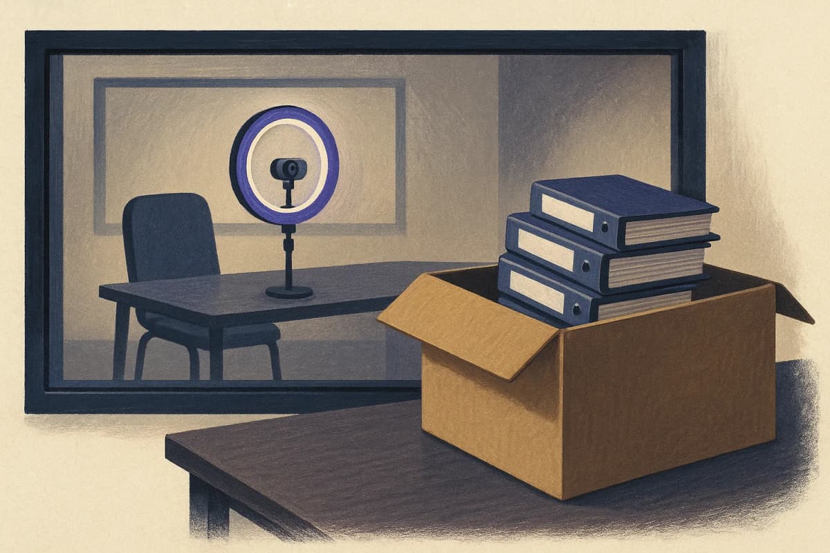 A market-research interview room seen through a one-way mirror: an empty chair facing a webcam and ring light, a stack of transcript binders on the table being boxed into a moving crate.