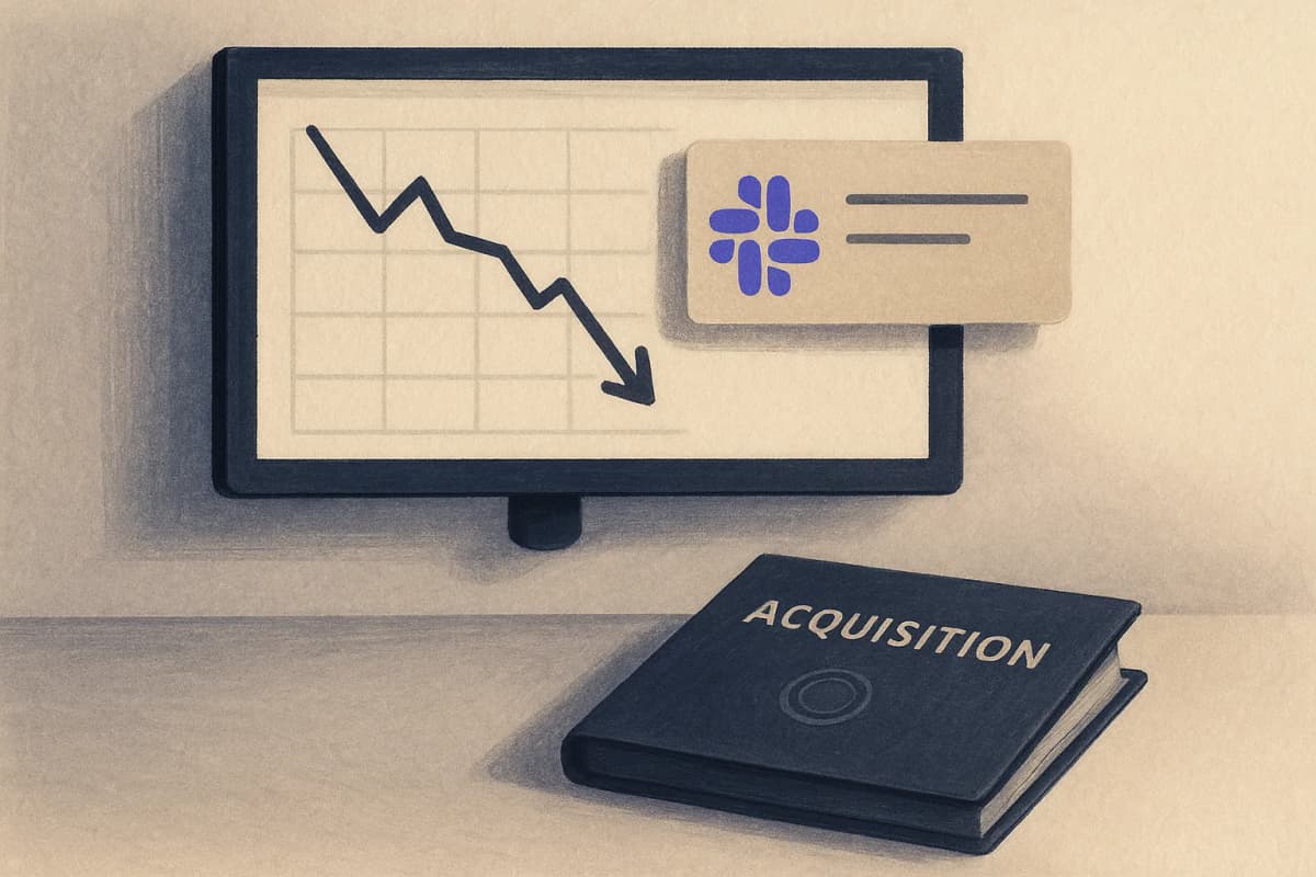 A wall-mounted office monitor showing a single KPI line chart with a sharp drop, a Slack-style alert notification popping up beside it, and a sealed acquisition contract folder resting on the desk below.