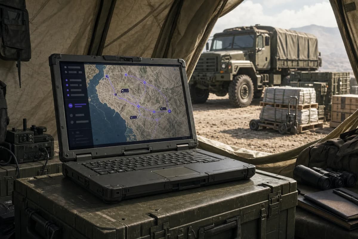 A rugged military laptop open on a supply crate inside a field tent, its screen showing a resupply map, with stacked pallets and a parked tactical truck visible through the tent flap.