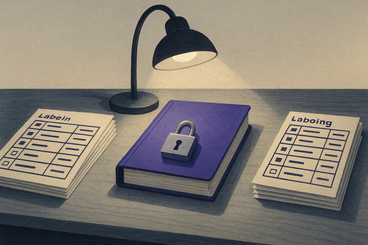 A long office table with two separate stacks of printed labeling worksheets from two different vendors, and between them a locked metal binder holding the answer key, under a desk lamp.