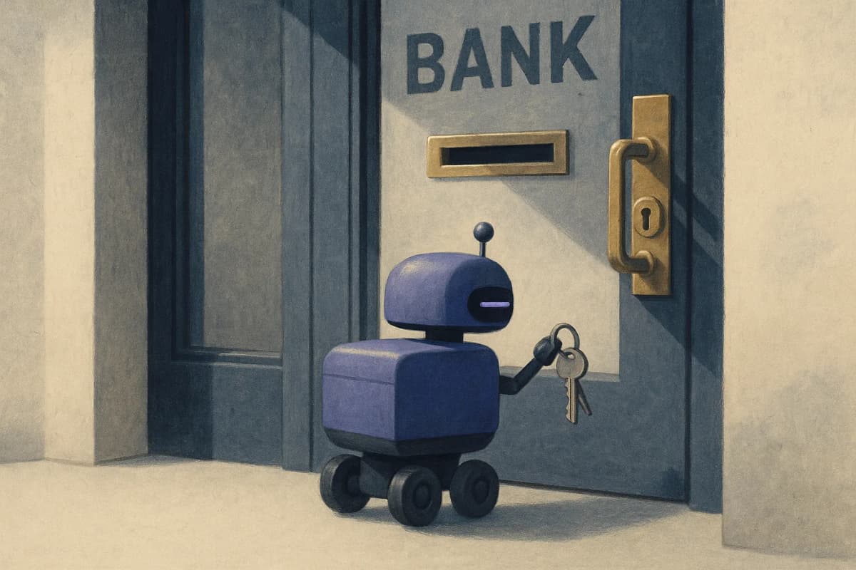 A bank branch's glass entrance door with a brass lock engaged, a small courier robot holding a set of house keys stopped outside it, while a narrow mail slot in the door stands open.