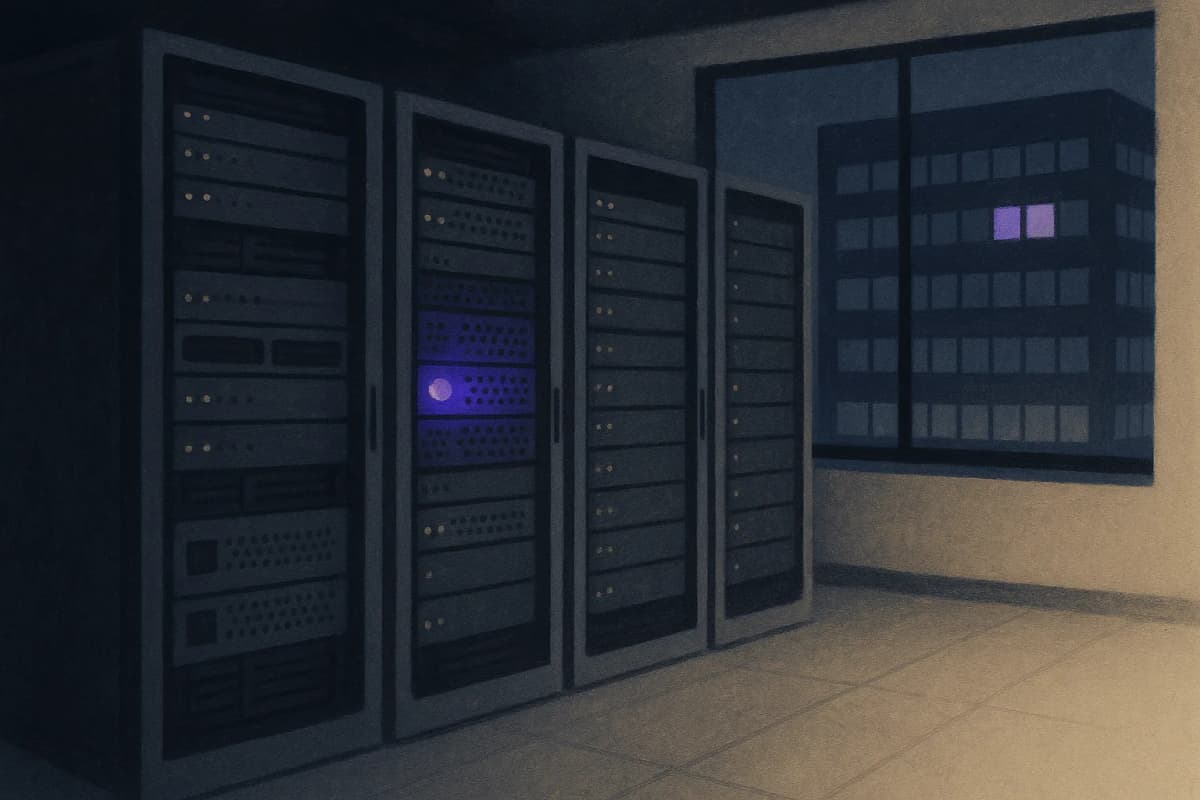 A row of server racks in a dim data centre at night with every GPU status light idle except one, an office building with its lights off visible through a window behind them.