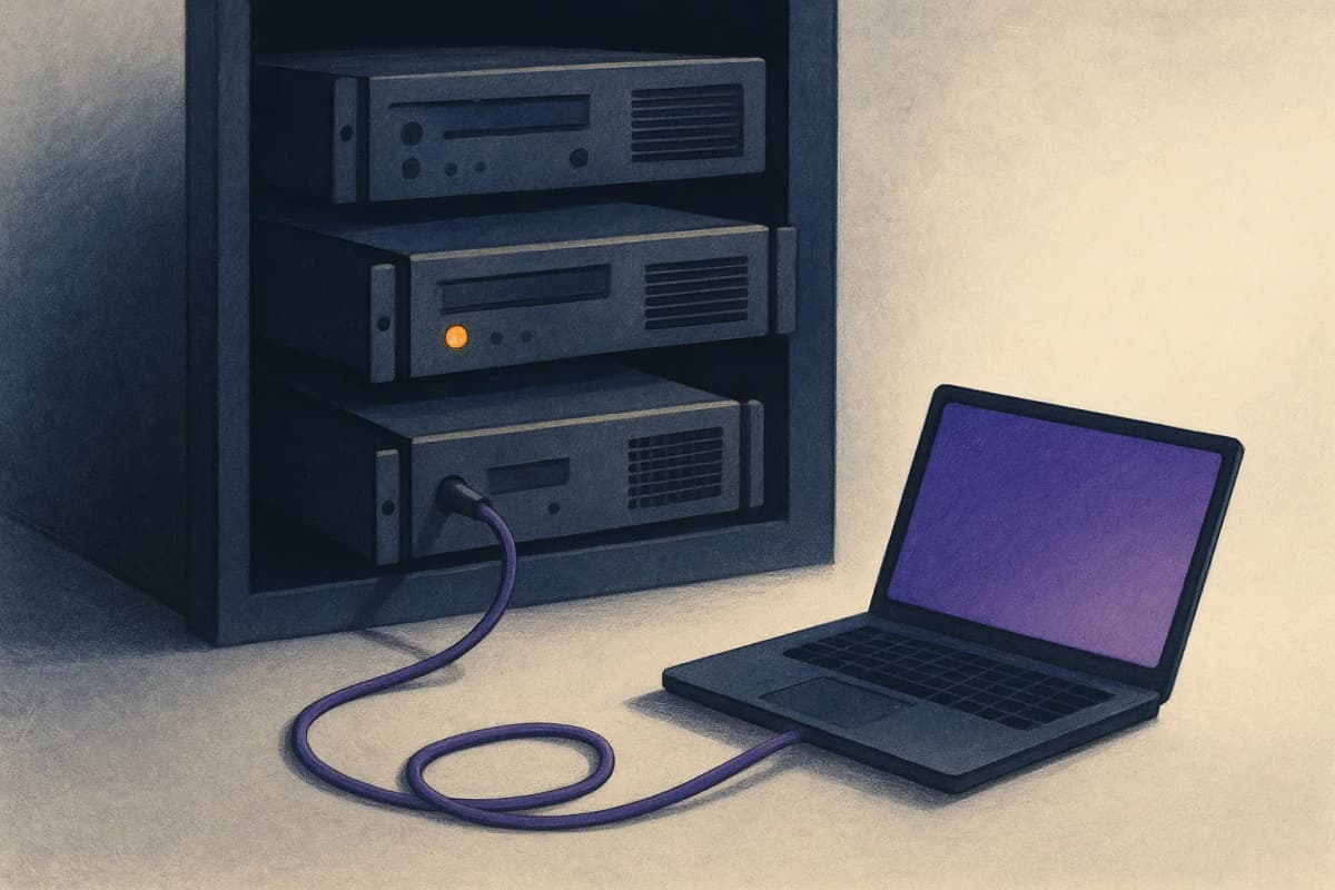 Three rack-mounted server nodes pulled part-way out of a dim server rack at night, one node showing an amber fault light on its front panel, with an open laptop resting on the floor in front of the rack and a coiled cons