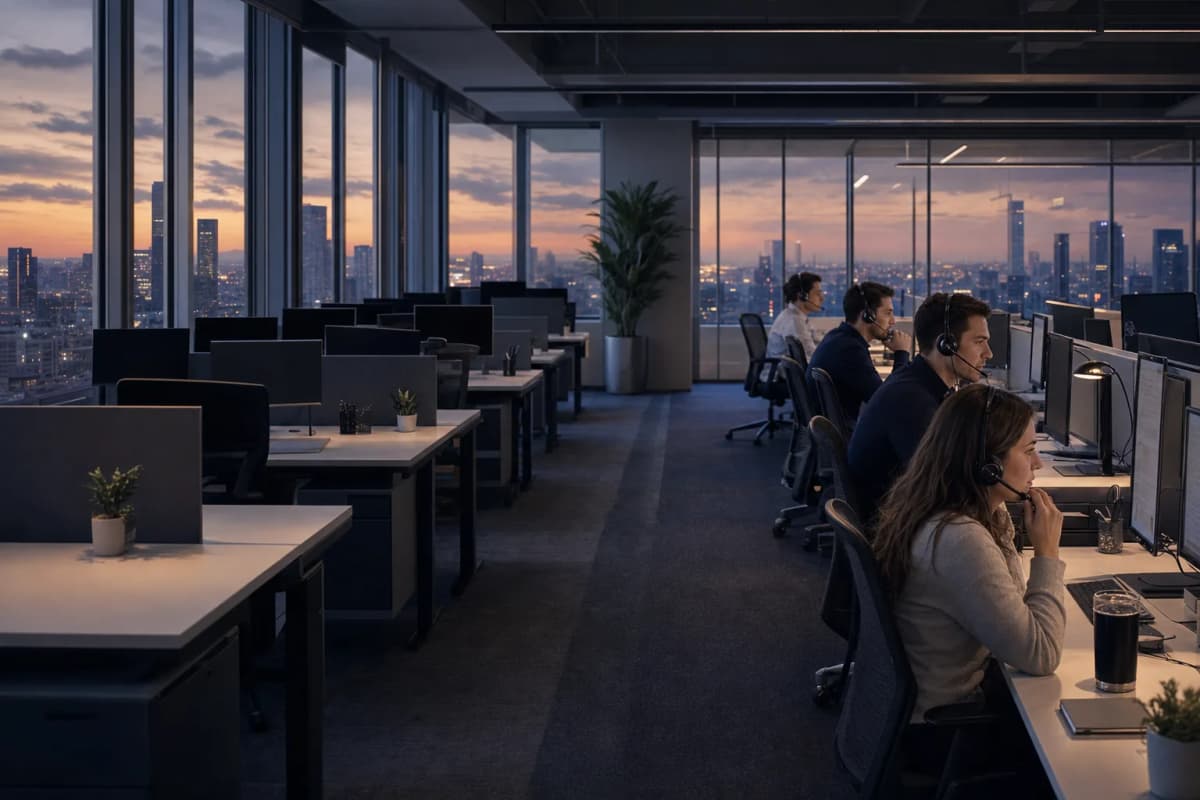 A half-empty open-plan sales operations floor at dusk, rows of vacant desks with dark monitors on one side and a few occupied desks with sellers on phone headsets on the other.