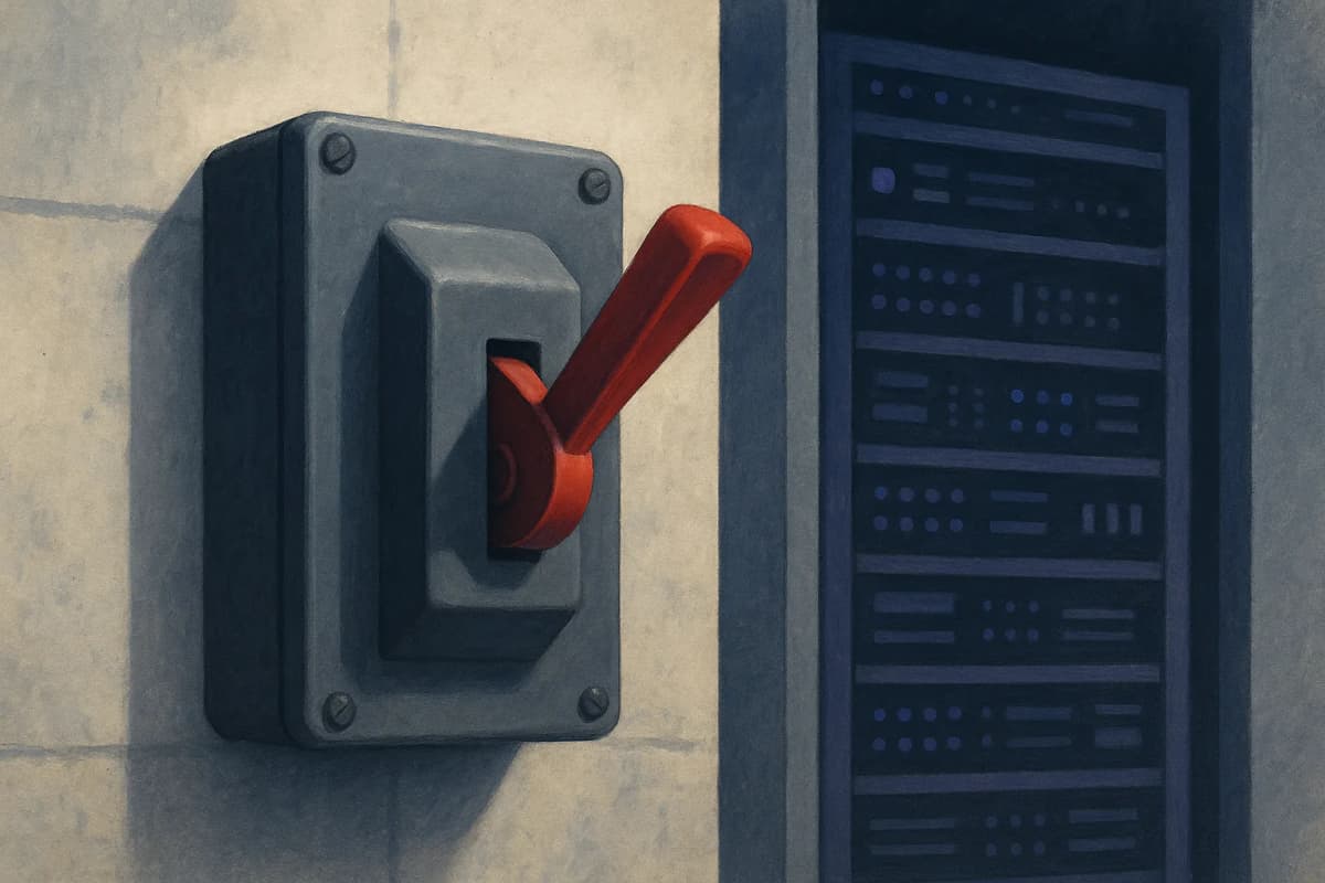 A grey industrial wall-mounted disconnect switch with a large red lever pulled down into the off position, bolted to a concrete wall beside a floor-to-ceiling rack of network equipment in a server room. No text, no logos