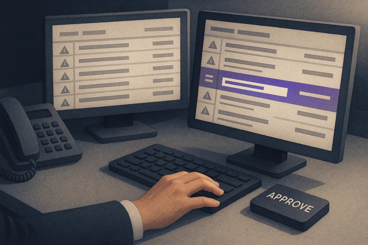 A bank payments operations desk at night with two monitors showing a long queue of flagged wire transfer records, one record highlighted with a corrected address field, and an operator's hand resting over a physical appr