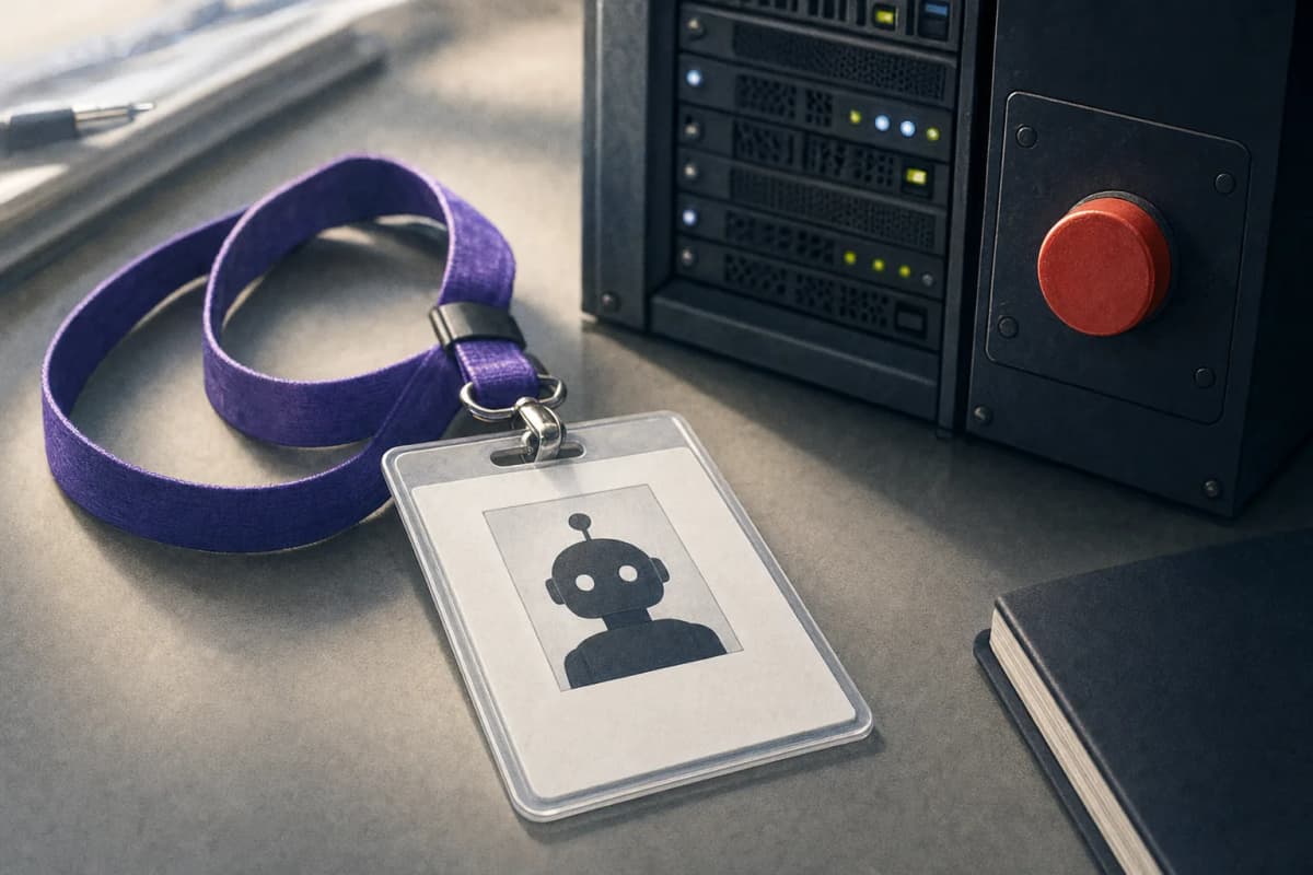 An employee ID badge on a lanyard lying on an office desk next to a small server rack status panel with a red stop button, the badge's photo slot showing a simple robot silhouette.