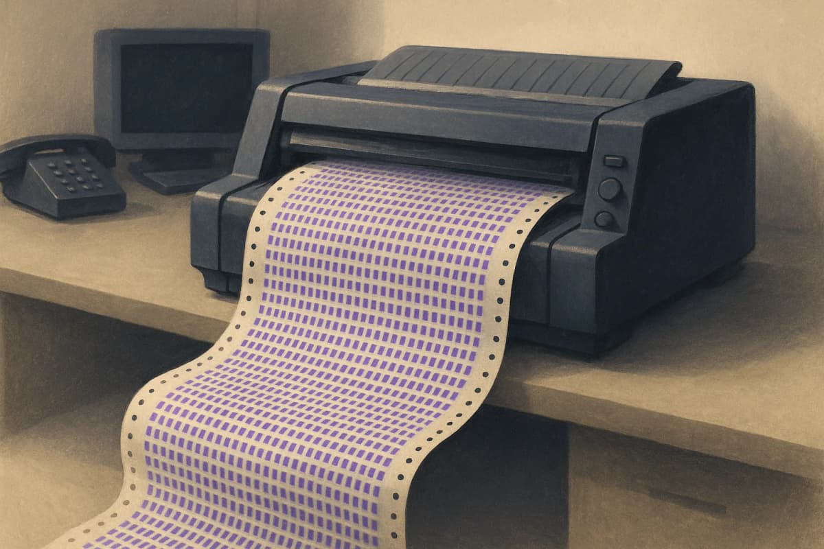 A continuous-feed dot-matrix printer on an office desk spilling a long fanfold paper printout onto the floor, every line of the page an identical repeated row of monospace marks.