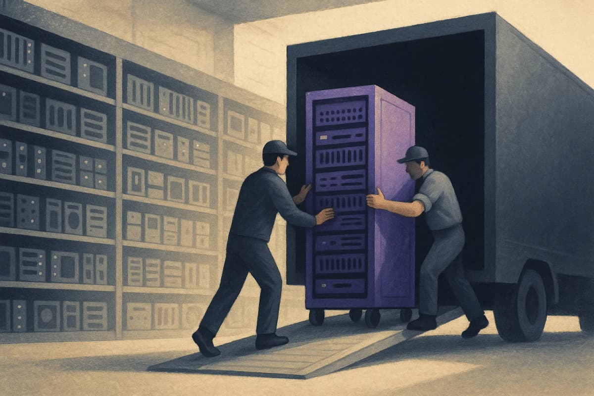 A warehouse loading bay where two workers wheel a server rack up a ramp onto a truck, while long rows of shelved disk drives and tape cartridges stay in place, lit, behind them.