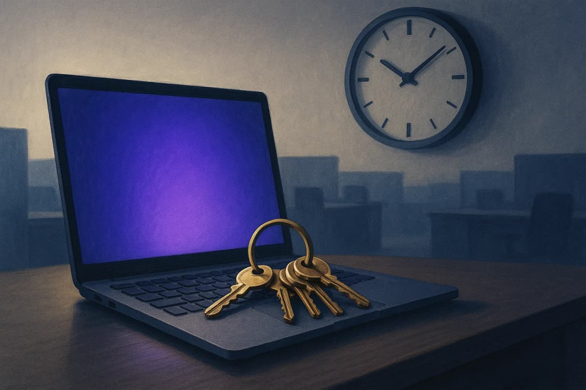 An open laptop left running on an empty desk in a dark, deserted office after hours, its screen the only light source, with a large ring of brass door keys resting on the keyboard and a round wall clock above reading 3 o