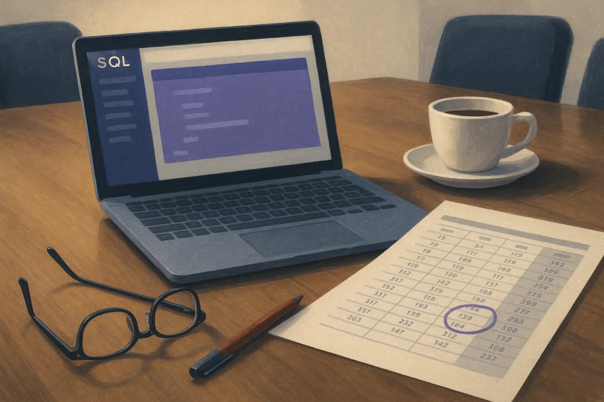 A boardroom table with a laptop showing a blank SQL editor beside a printed spreadsheet of regional revenue figures, one column circled in red pen, a coffee cup and reading glasses resting on the printout.