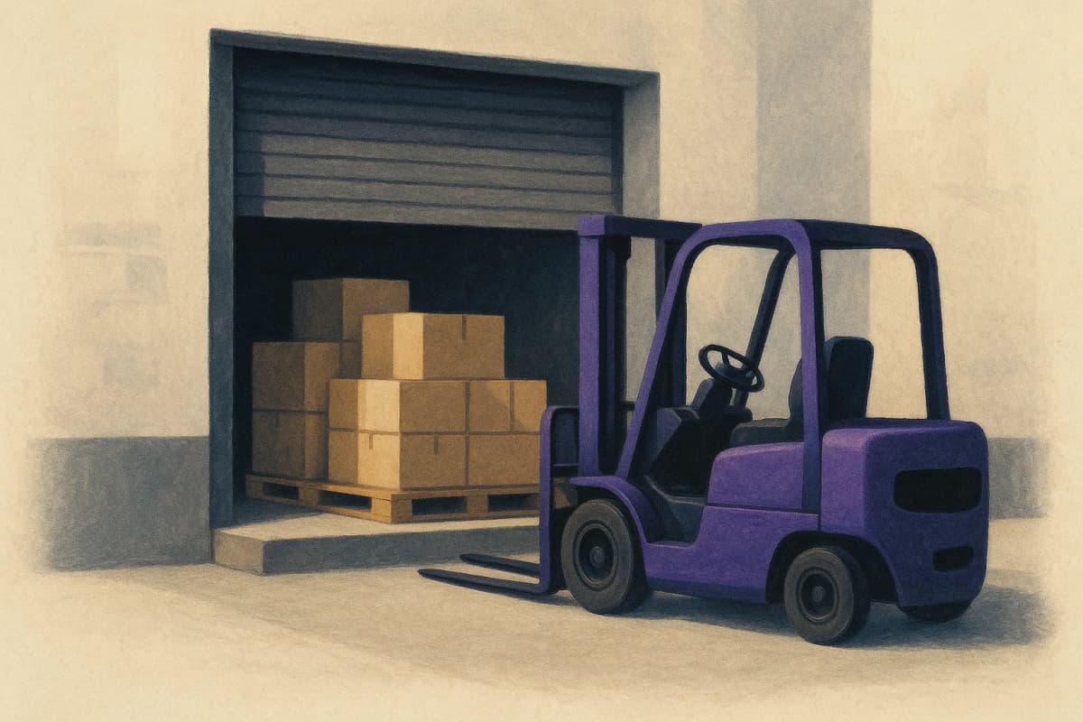 A single loading dock door at the back of a warehouse, rolled halfway up, with pallets of boxes stacked just inside and a forklift parked facing out toward the open door.