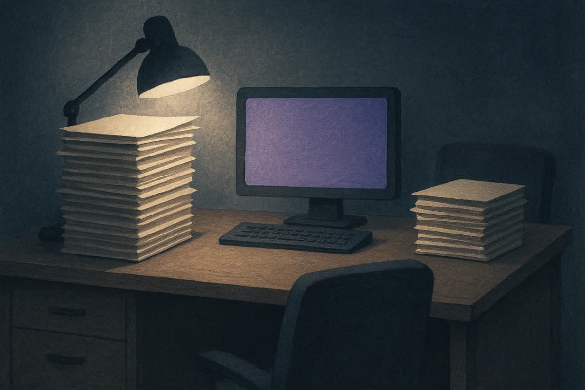 A bank compliance analyst's desk at night lit by a single lamp, with a tall stack of printed alert case folders on the left of the desk and a much shorter stack on the right, and an empty chair pushed back.