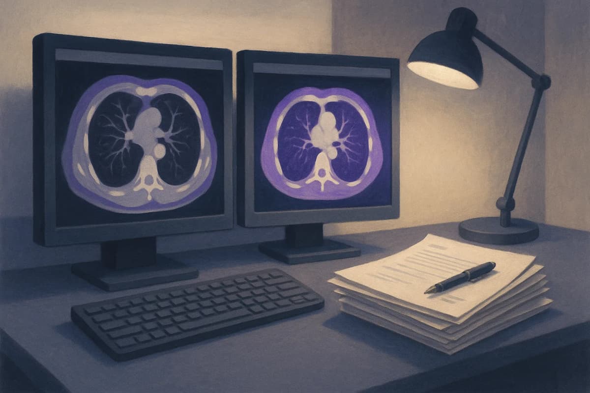 A hospital radiology reading room at night, a radiologist's workstation with two large monitors showing chest CT scans, and a stack of paper vendor contracts with a pen resting on top beside the keyboard.