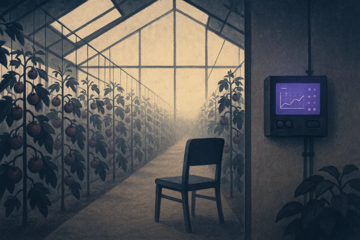 The inside of a glass tomato greenhouse at dusk, rows of vines on high wires, roof vents half open, and a wall-mounted climate control computer panel glowing beside an empty grower's chair.