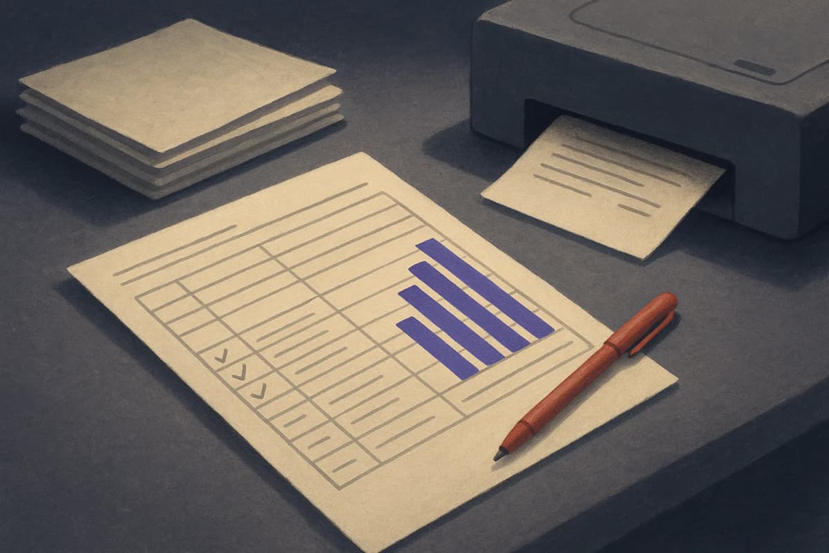 A printed spreadsheet-style scorecard lying on a desk beside a stack of unfinished printed documents, one page half-printed and hanging out of a desktop printer, a red pen resting on the scorecard.