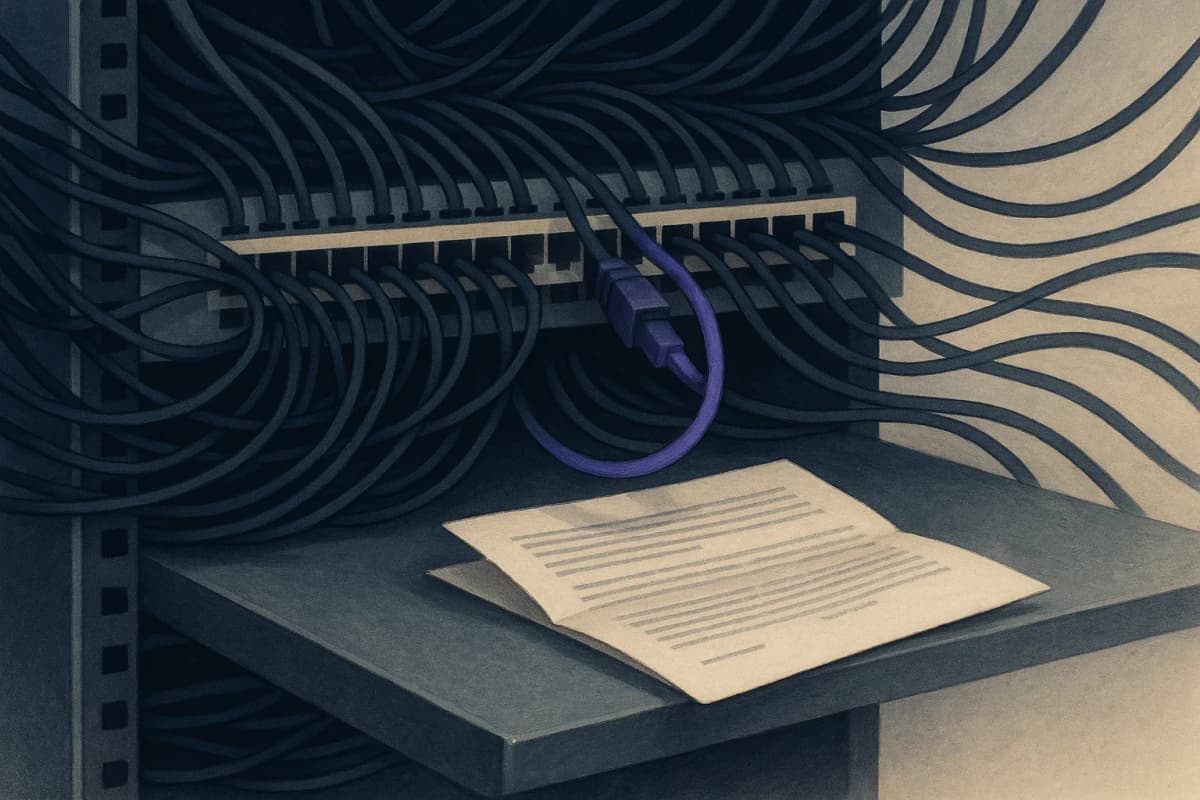 A network patch panel in a data-centre rack with dozens of cables converging into a single port, and a folded paper contract lying on the metal shelf directly beneath it.