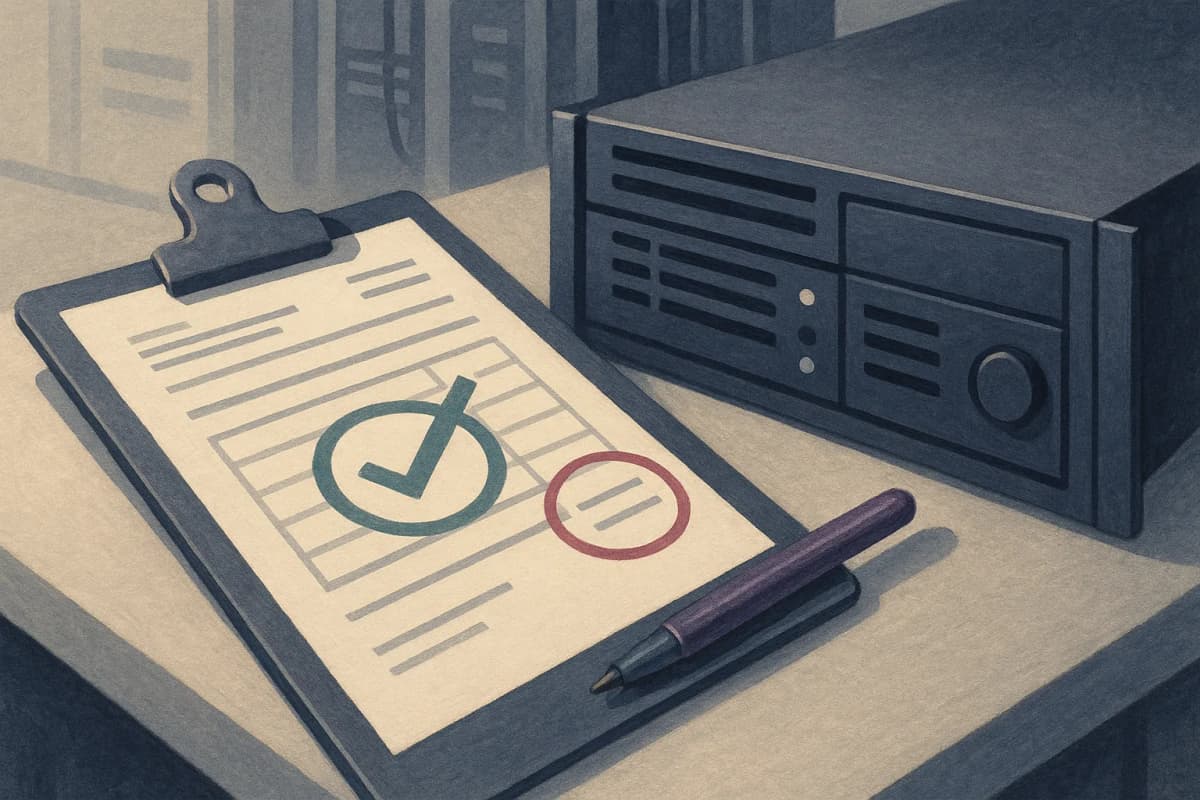A server-room workbench with a printed invoice on a clipboard beside a rack server, the invoice's total field circled in red pen while a green checkmark is stamped on the form's layout.