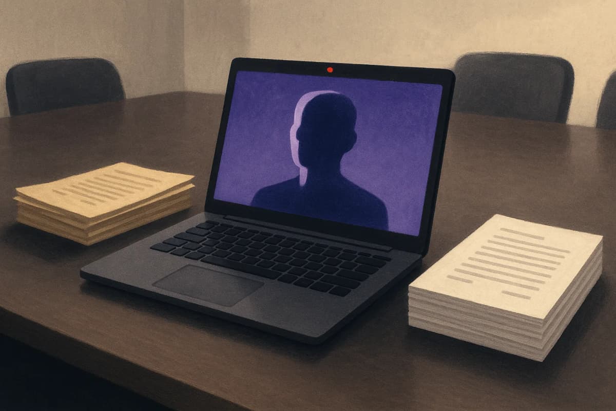 A laptop open on an empty conference-room table in the middle of a video call, a small red recording light glowing on its bezel, next to two stacks of paper contracts: one older and yellowed, one crisp and new.