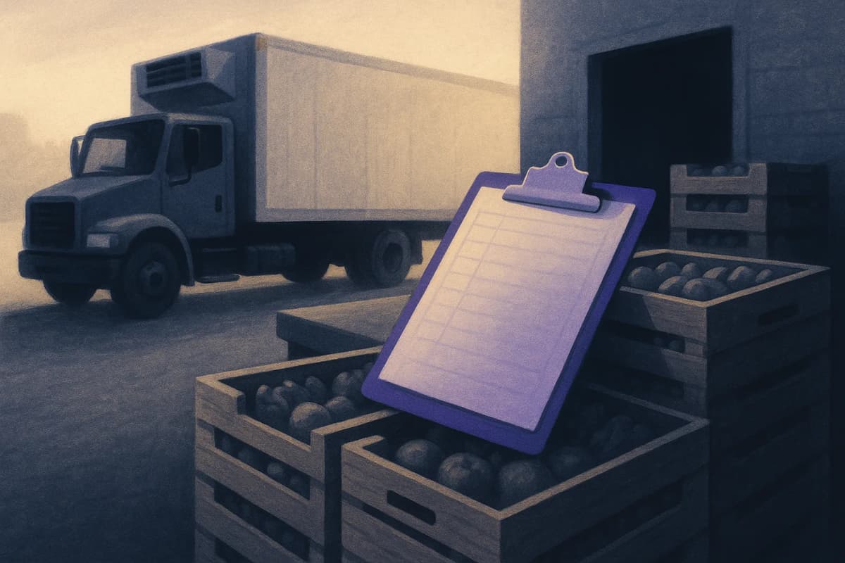 A refrigerated food-distribution delivery truck backed up to a warehouse loading dock at dawn, with stacked produce crates on the dock and a clipboard holding a blank route sheet resting on top of them.