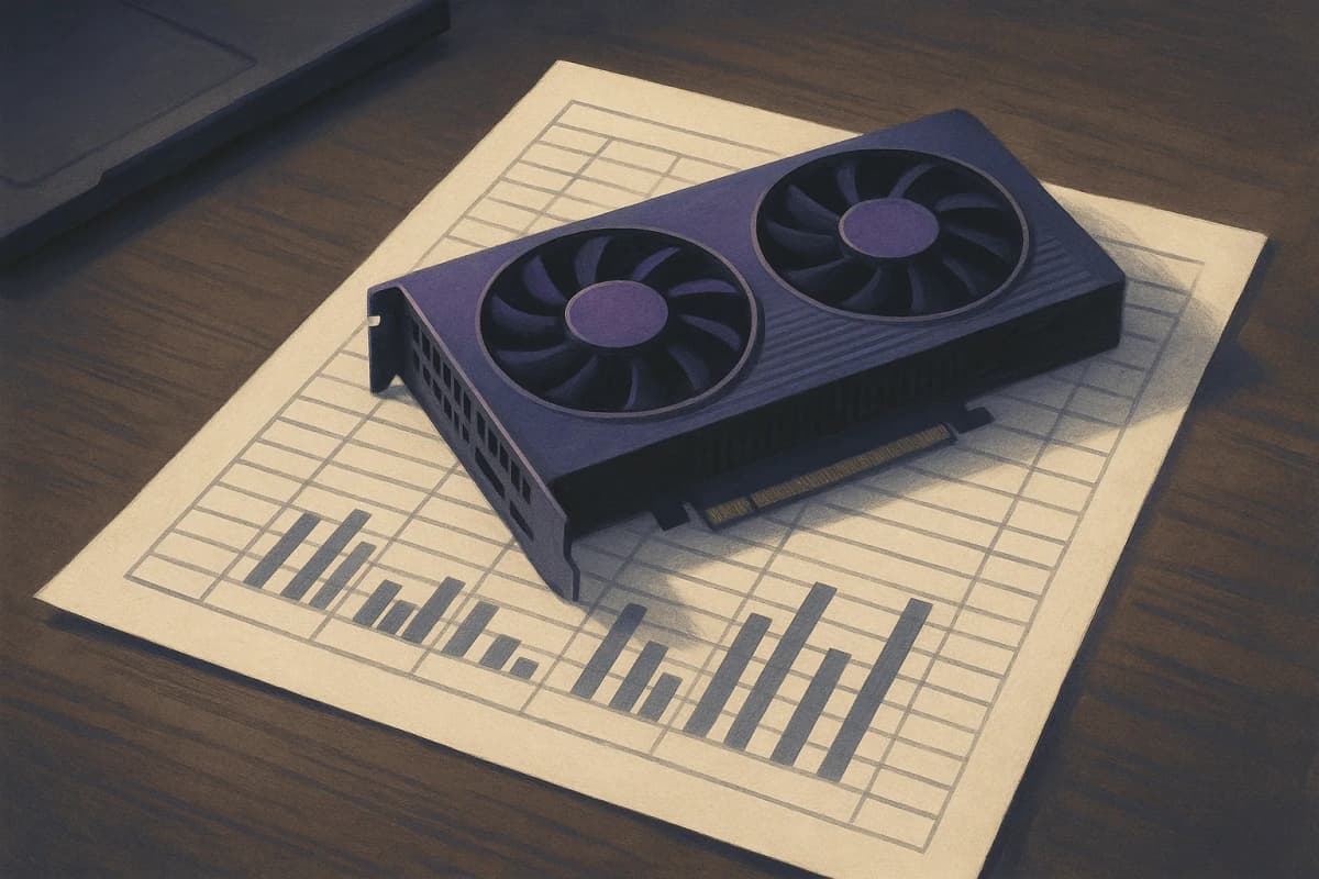 A printed spreadsheet page on a desk with a GPU card resting on top of it, the card's fans and heatsink clearly visible over the rows and columns.