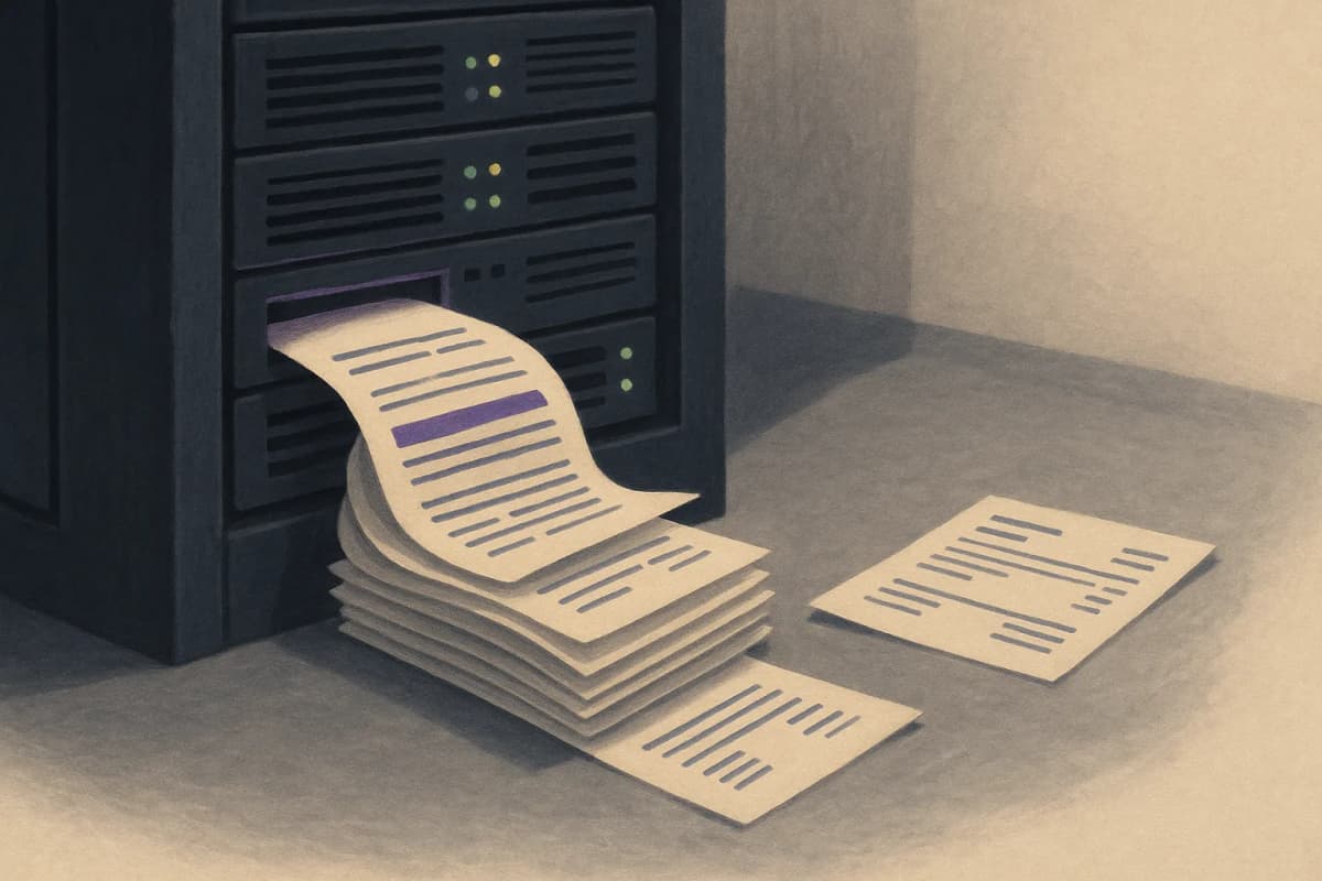 A server rack in a dim data centre with printed web pages spilling out of one drive bay onto the floor beside a paper invoice, lit by the rack's status lights.