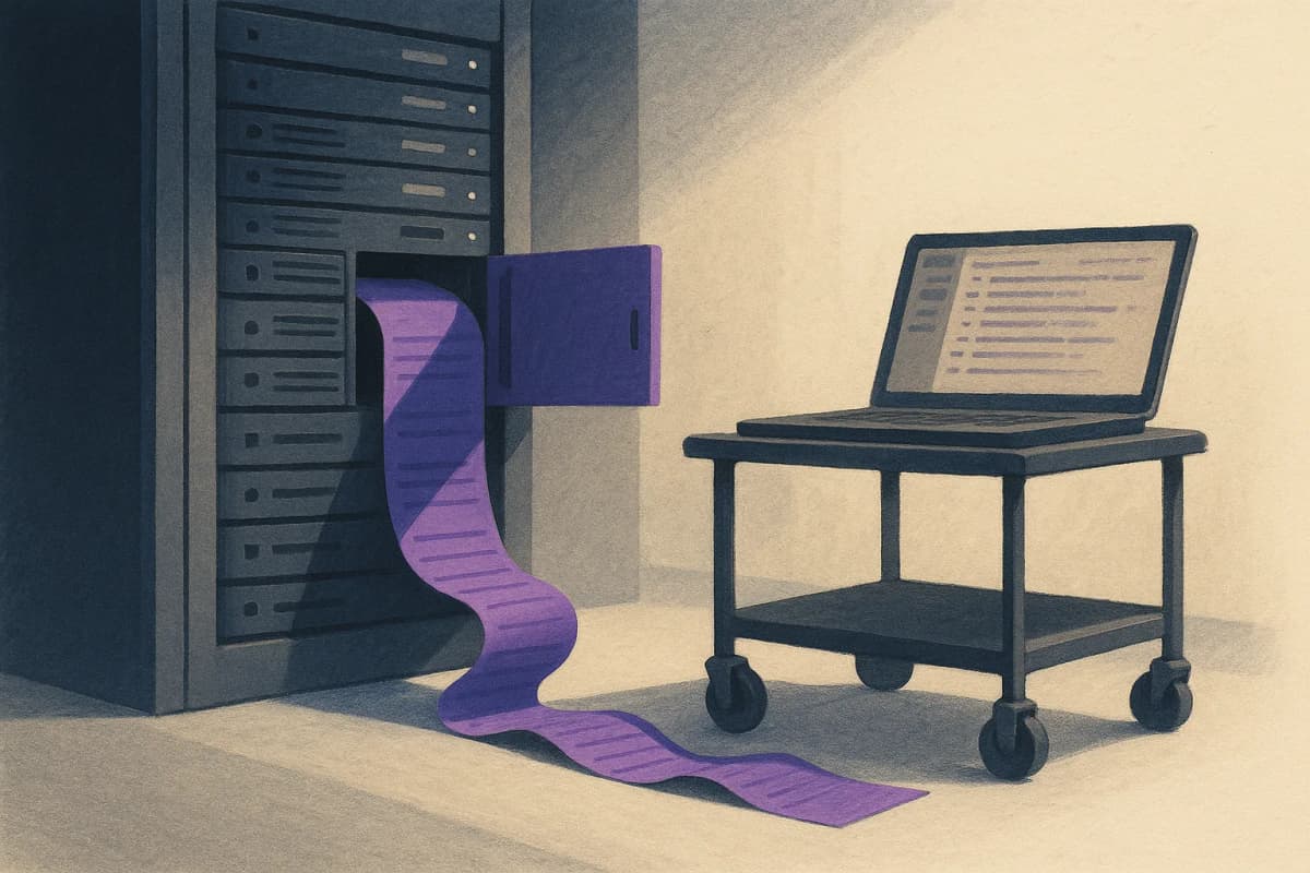 A server rack in a dim machine room with one unit's front panel open and a paper ledger tape spooling out of it onto the floor, a laptop on a cart beside it showing a long scrolling log.