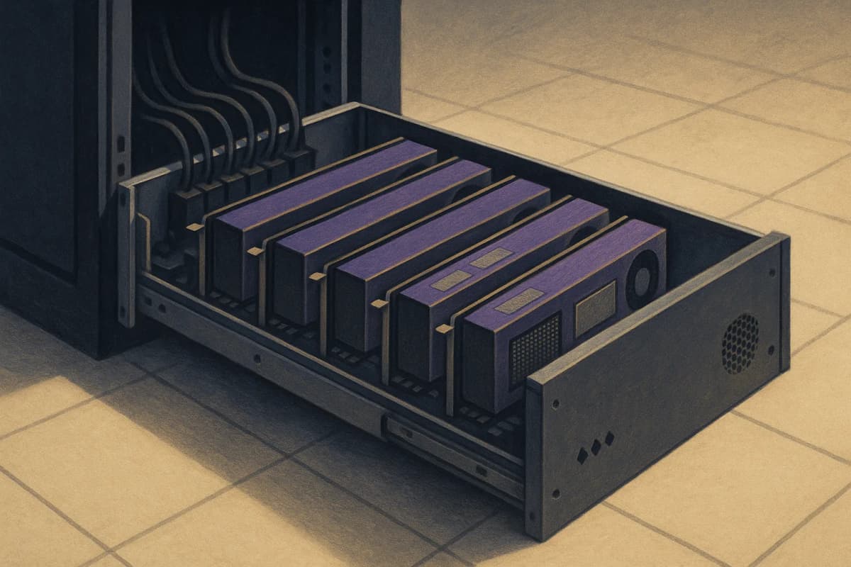 An open 8-GPU server chassis pulled out on rails on a data-centre floor, all eight accelerator cards seated in a row with their heatsinks and memory modules visible, cabling running to the back of the rack. No text or lo