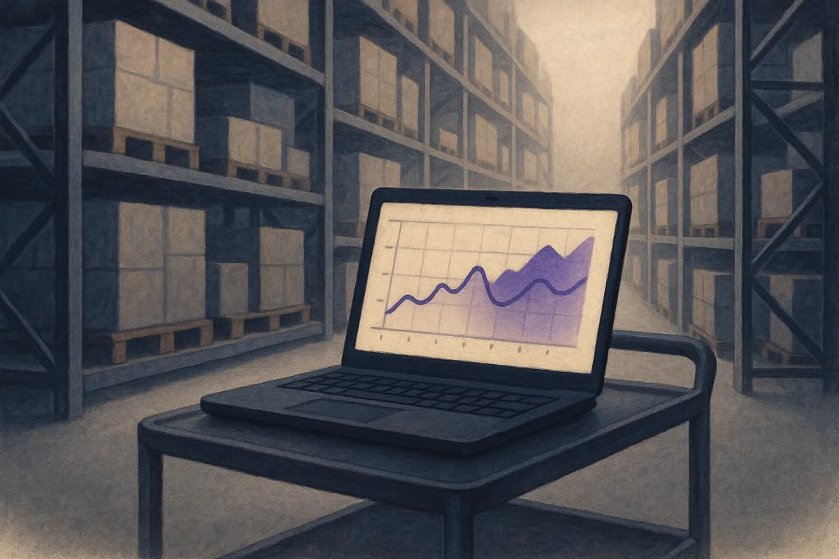 A warehouse aisle of stocked pallet racks with a planner's laptop on a rolling cart in the foreground, the screen showing a weekly sales line chart with a shaded forecast band extending to the right.