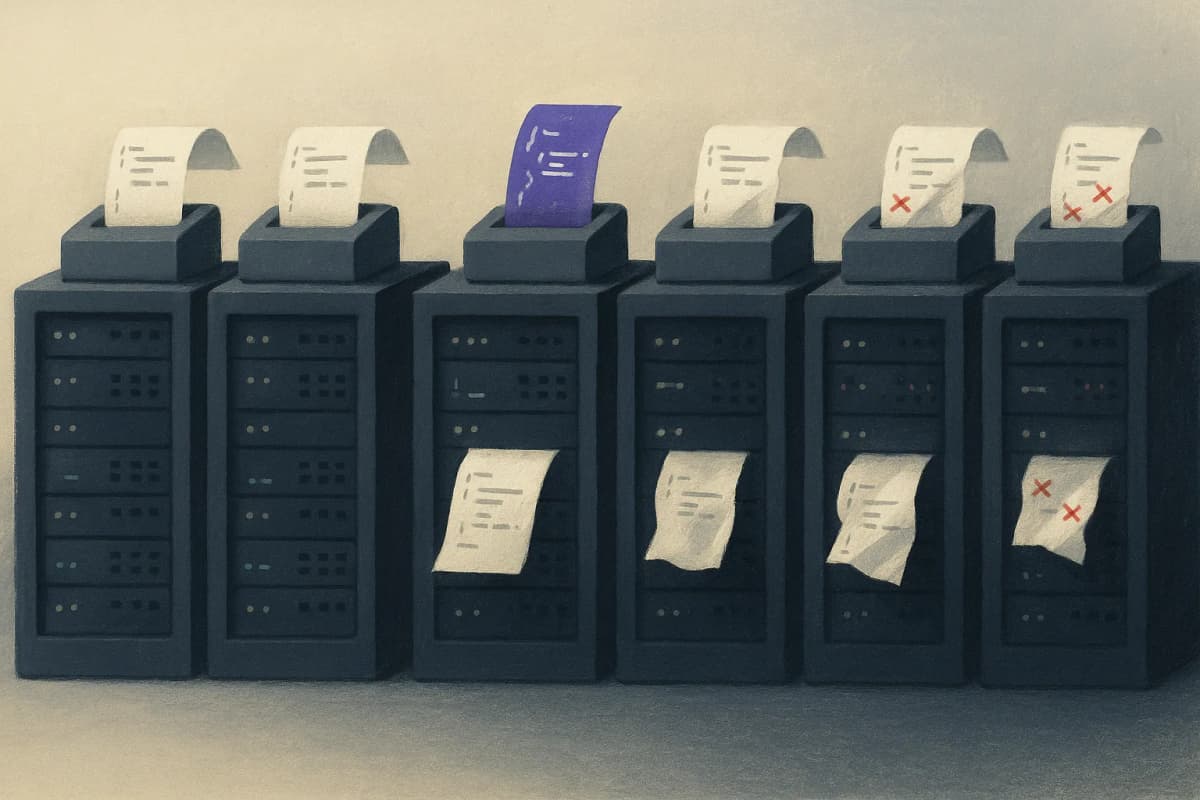 A row of six identical server racks in a dim data hall, each with a printed JSON tool-call slip coming out of a small receipt printer on top, some slips clean and some crumpled with red error marks.