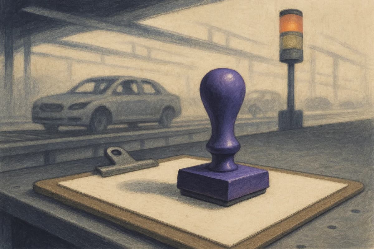 A single rubber approval stamp resting on a clipboard on a metal workbench beside an automotive assembly line, with a lit andon signal tower glowing on a post above the line in the background. No text or logos anywhere i