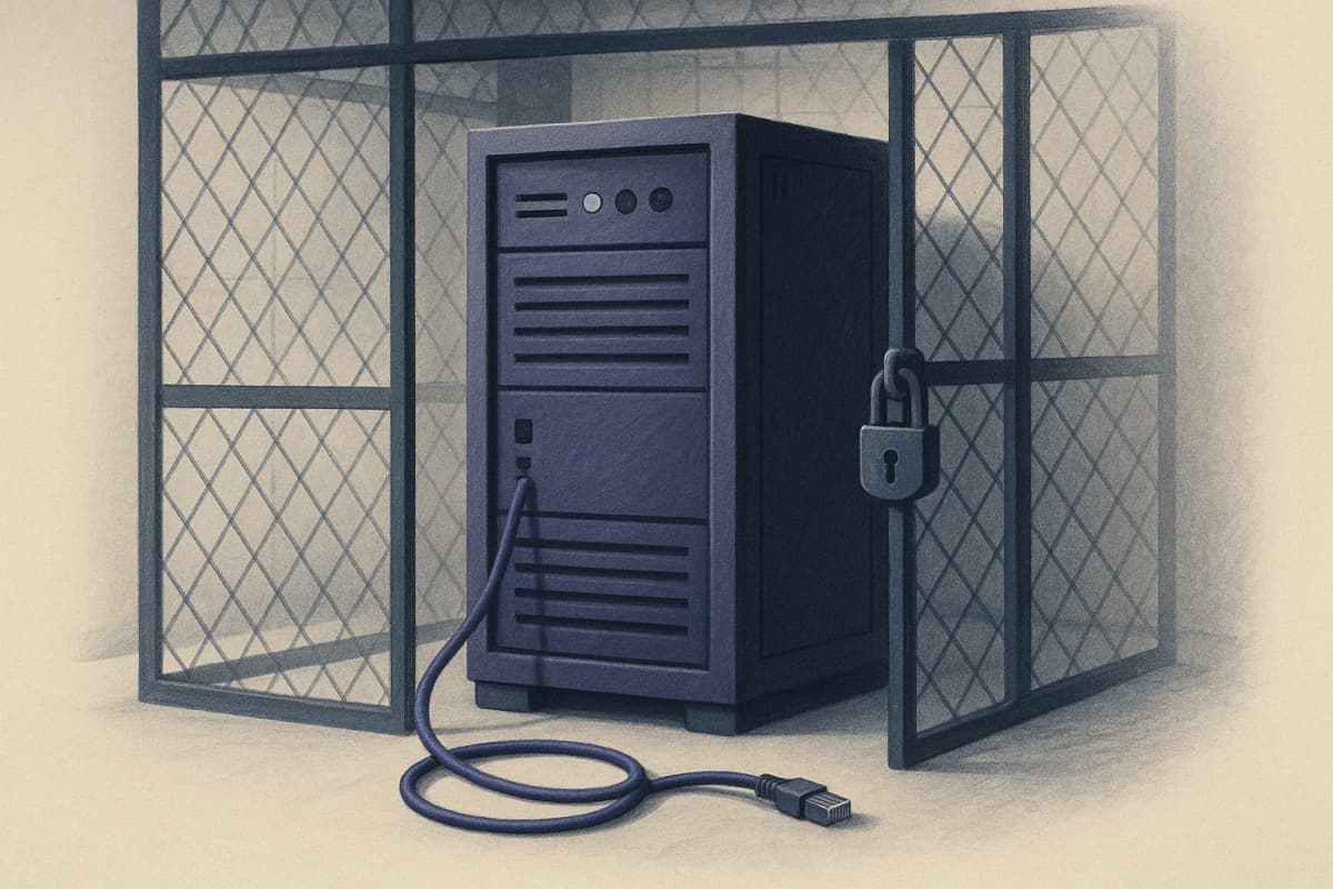 A steel server cabinet in a windowless server room behind a padlocked wire cage, its single network cable unplugged and coiled on the floor beside it.