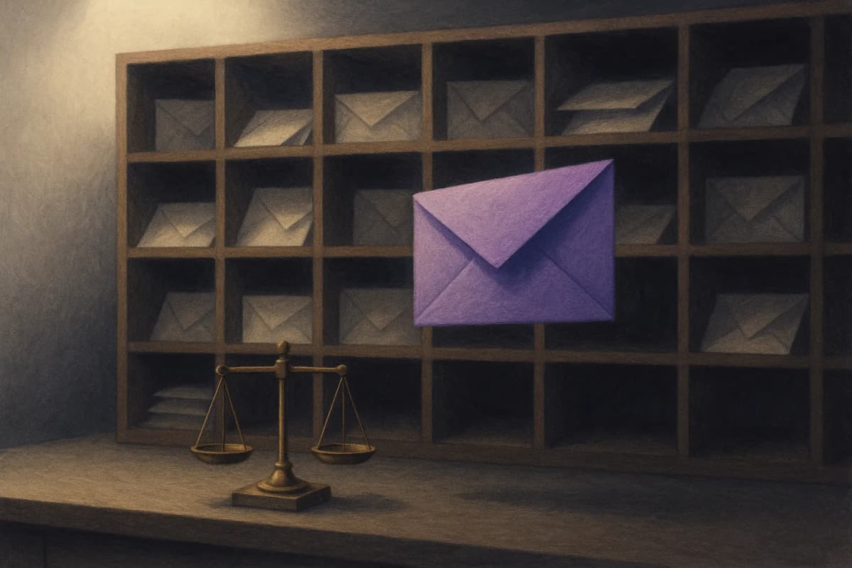 A wall of wooden mail-sorting pigeonholes in a dim back office, one envelope held in mid-air in front of the slots, a small brass balance scale on the counter below.