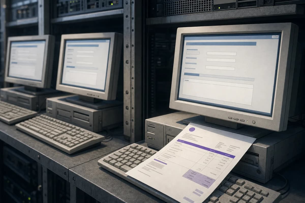 A row of grey office desktop PCs on a server-room shelf, each with a small monitor showing a half-filled data-entry form, a printed software renewal invoice lying on top of one keyboard.