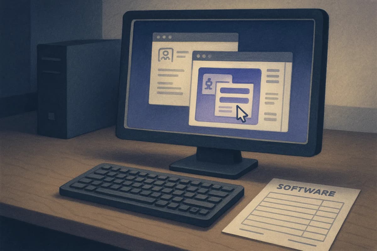 An office desktop computer on an empty desk at night, its screen showing several application windows being operated by an unseen cursor, a printed software order form with a blank price column lying beside the keyboard.