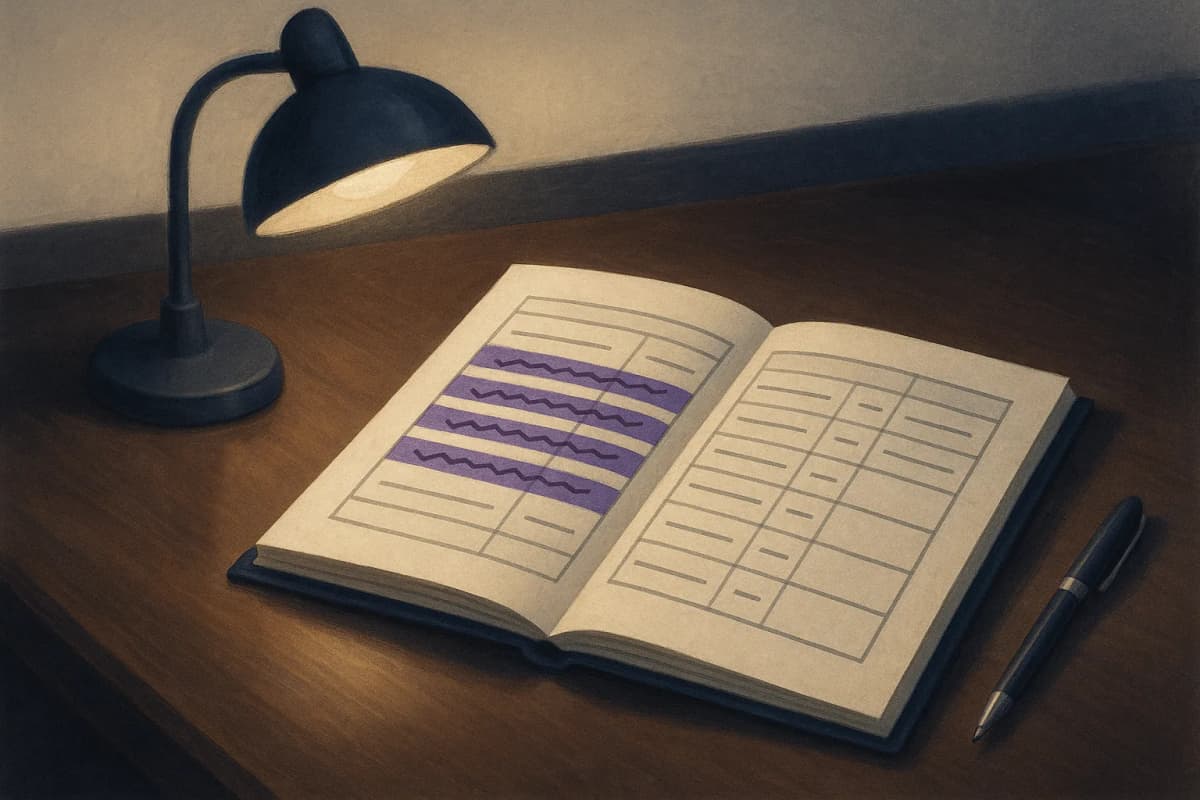 A printed supplier register lying open on a polished bank boardroom table under a desk lamp, four rows marked through with a highlighter and the fifth row left blank, a pen resting beside it.
