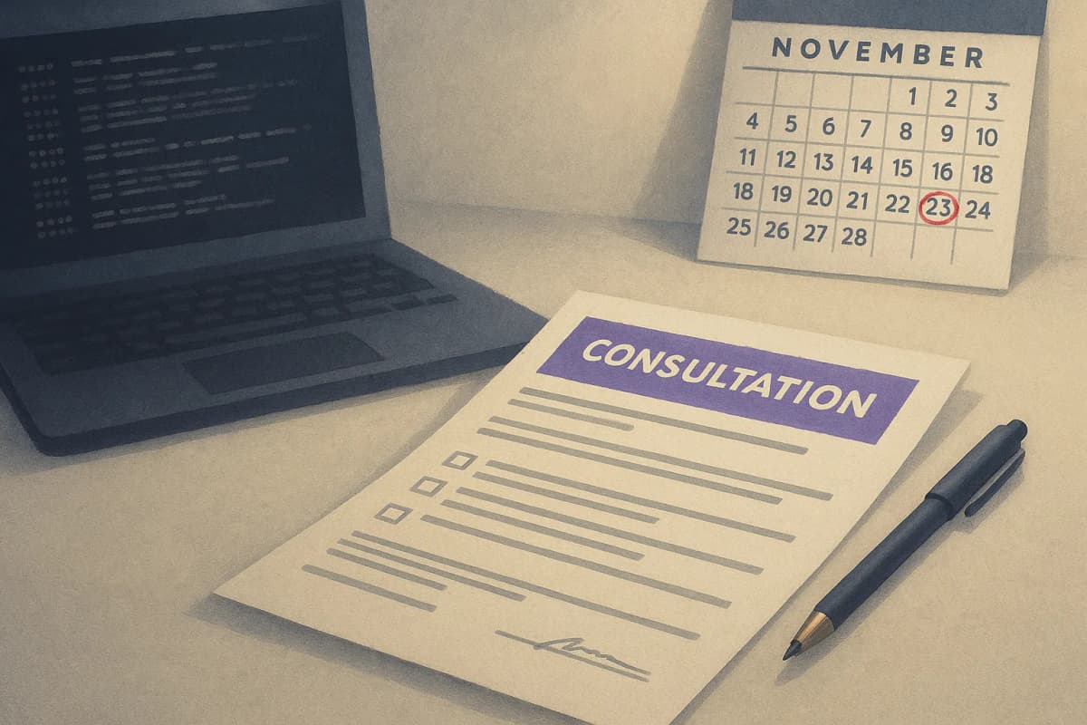 A printed UK regulator consultation form lying on an office desk beside a laptop showing a terminal of agent activity logs, a pen and a wall calendar with a late-November date circled in red.