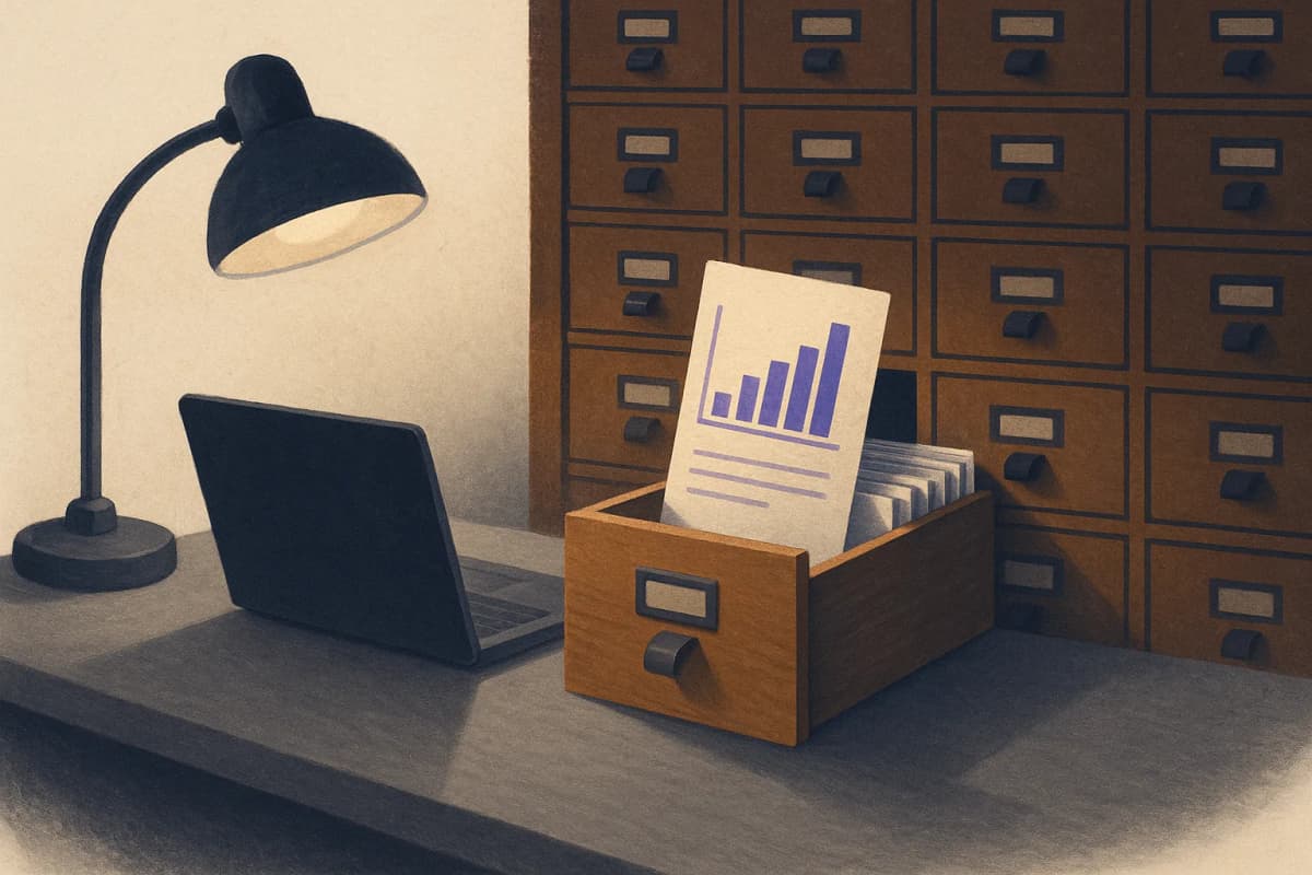 A quiet statistics archive with a wall of small wooden card-catalogue drawers, one drawer pulled open and a single index card lifted out, a closed laptop on the reading table beside it under a desk lamp.