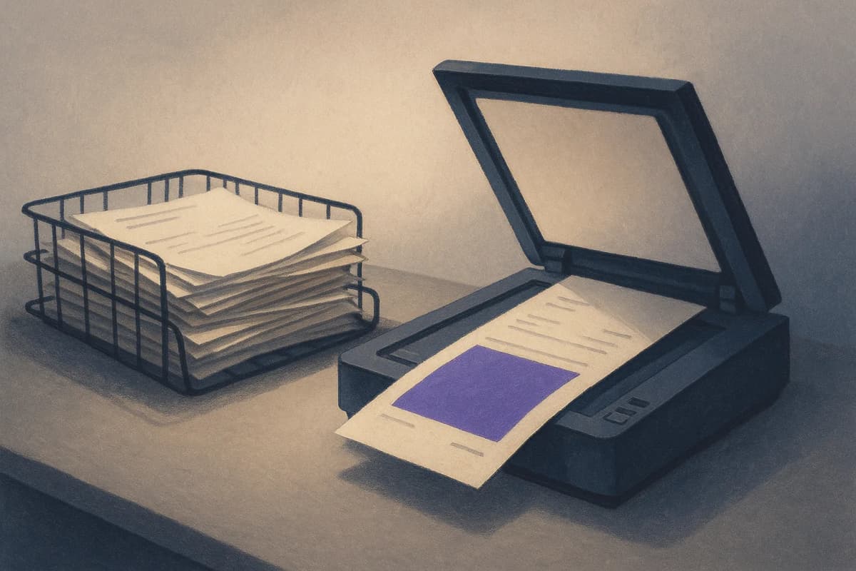 A wire desk tray stacked with paper invoices beside an open flatbed document scanner, one page half-fed through the feeder, in a plain office at dusk. No text or logos.