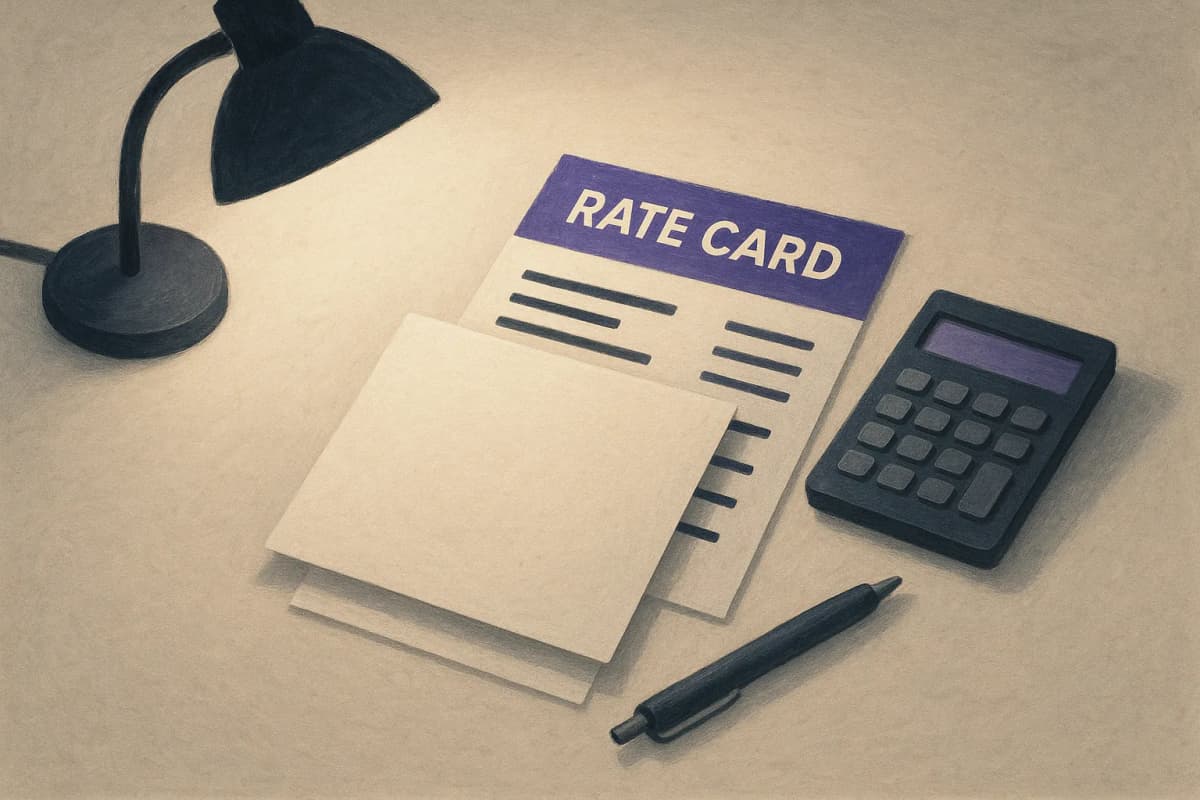 A printed pricing rate card lying on a desk under an angled desk lamp, its lower half covered by a plain blank sheet of paper so those rows are hidden, with a pocket calculator and a pen resting beside it.