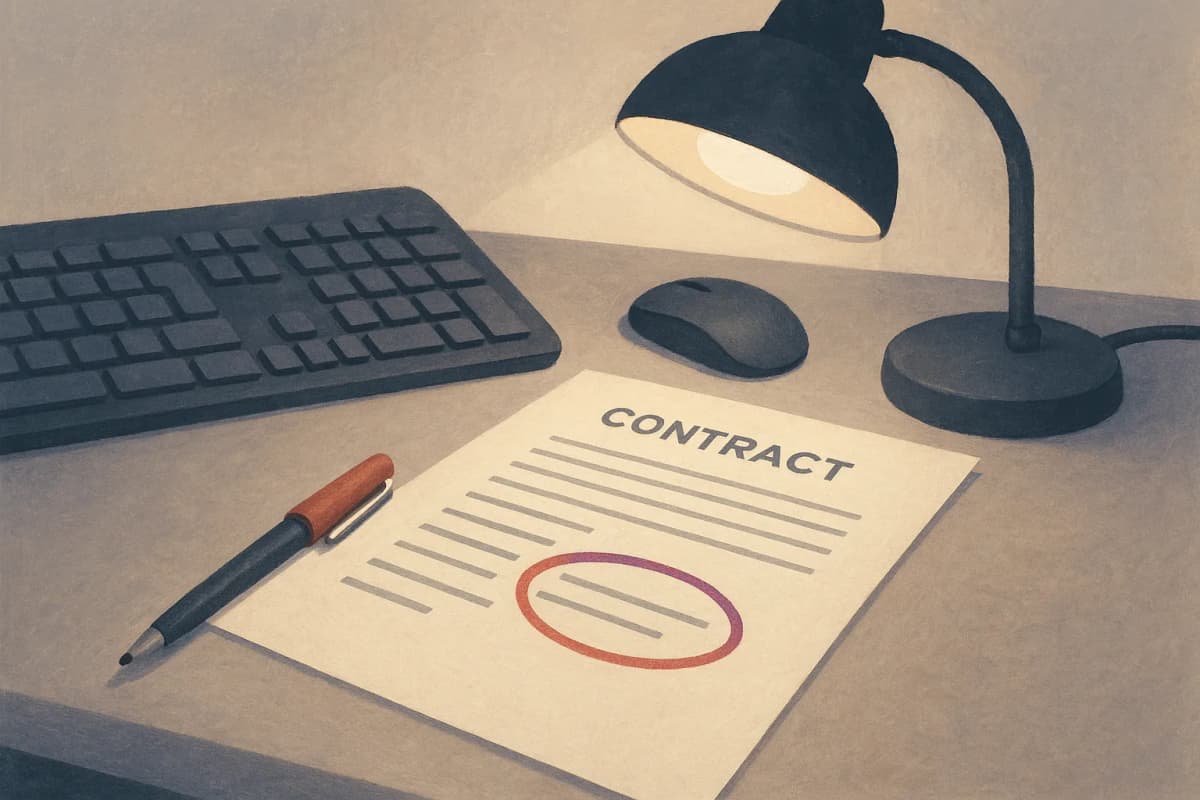 A printed vendor contract lying open on a bank office desk, one clause circled in red pen, beside a computer keyboard and mouse under a desk lamp.