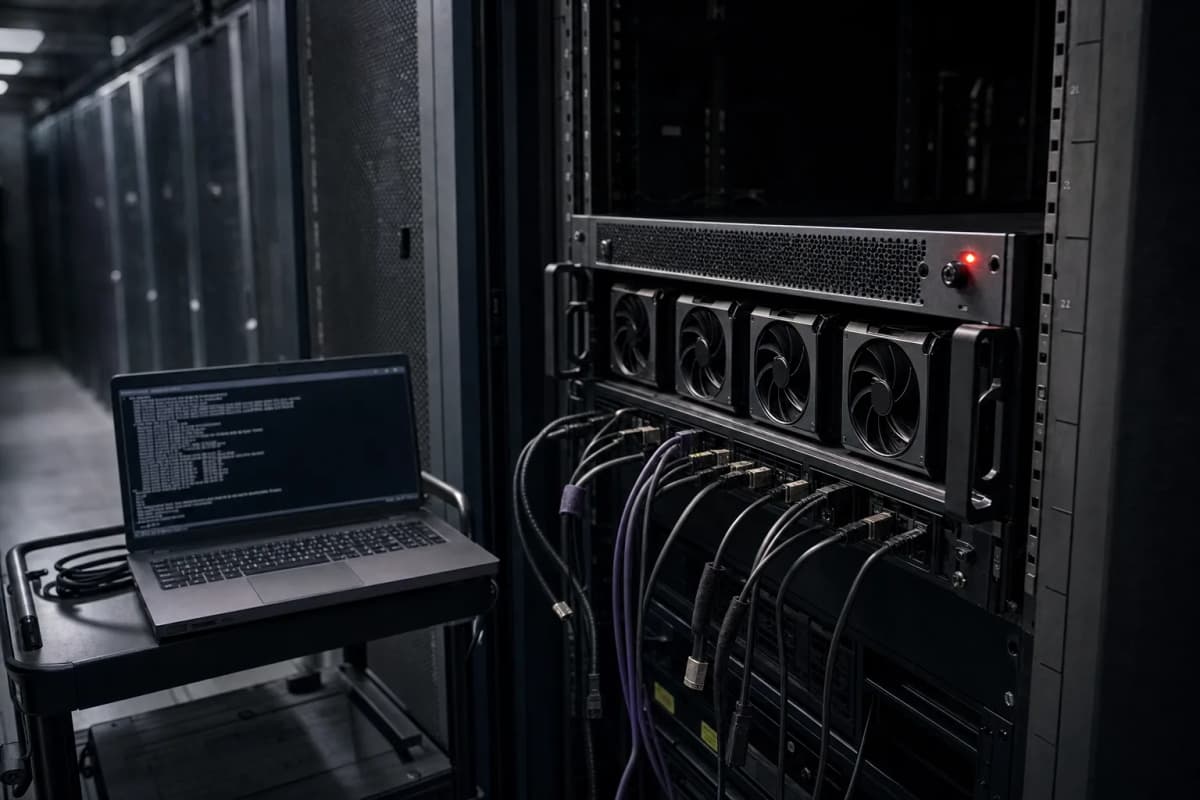 A rack-mounted GPU server in a dim data centre aisle with one status LED glowing red while a technician's laptop on a cart beside it shows a terminal window, cables hanging loose from the front panel.