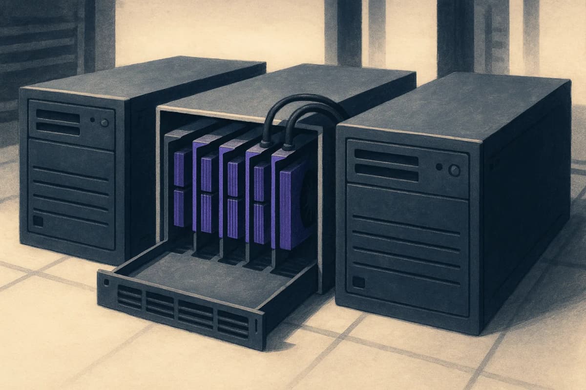 Three identical rack-mounted GPU servers side by side in a data-centre aisle, the middle one with its front panel removed to expose the GPU boards and power cabling.