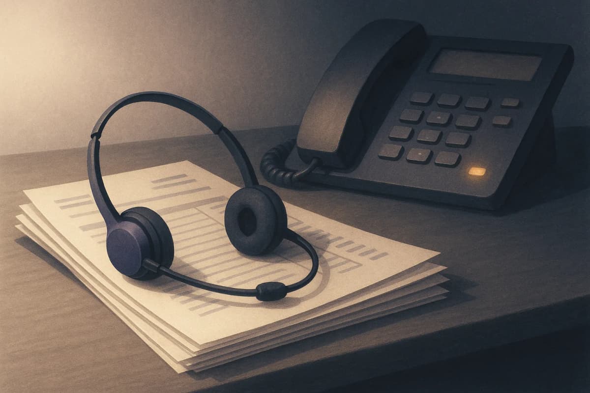 A contact-centre desk at night with a headset resting on a stack of printed phone invoices, one telephone line light blinking on a desk phone beside it.