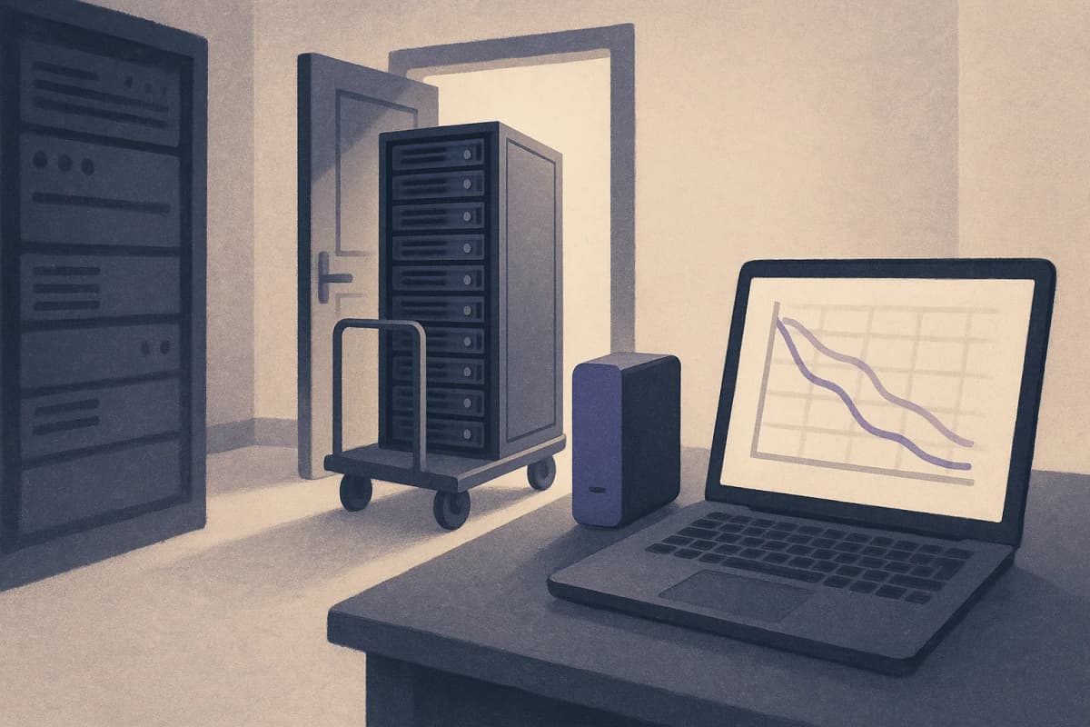 A server room floor with a rack of hard drives being wheeled out on a cart toward an exit door, while a single external backup drive sits safely on a nearby desk next to a laptop showing training loss curves.